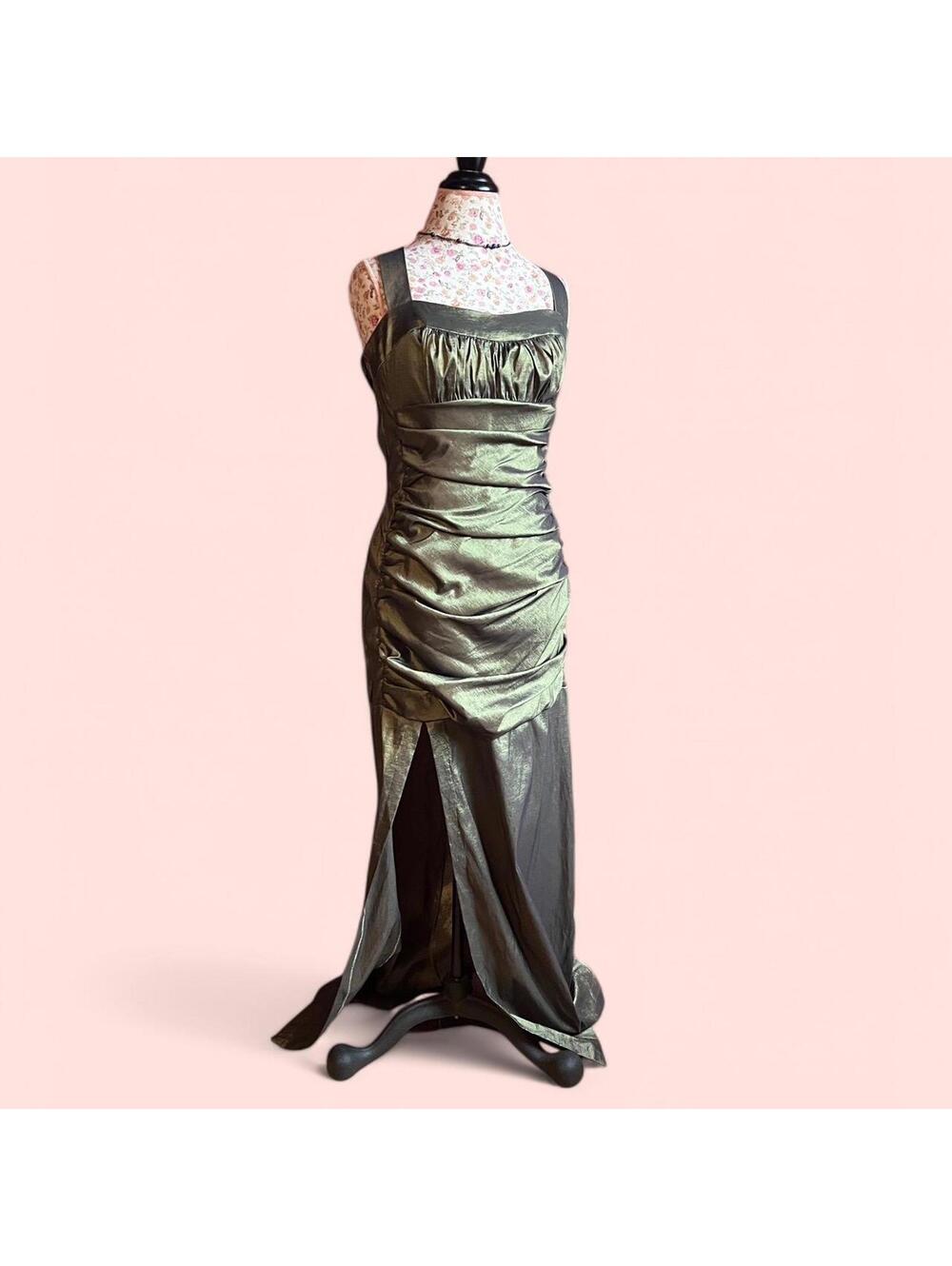 y2k green metallic ruched formal gown